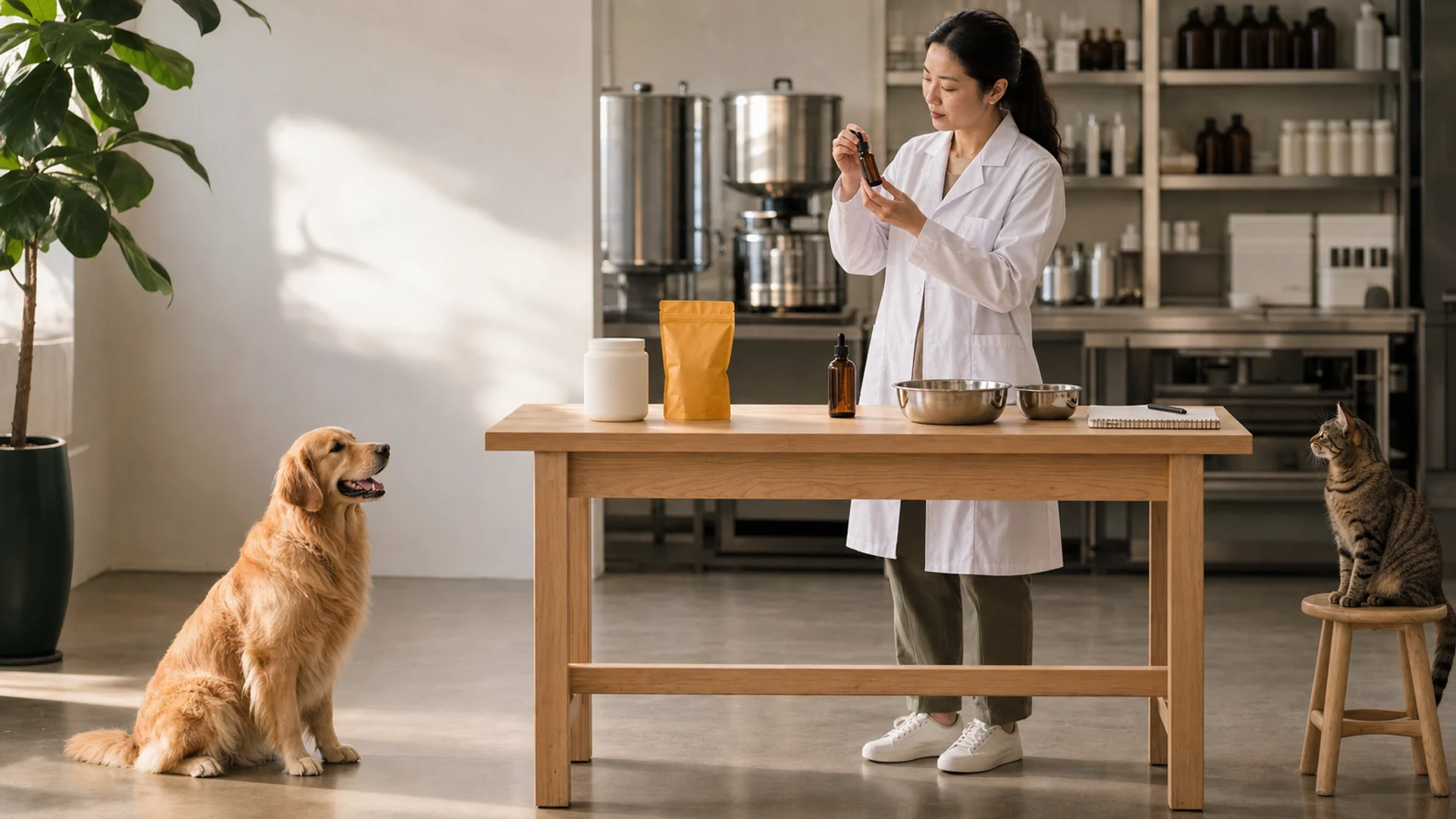 Especialista de formulación preparando suplementos para mascotas en un estudio de producción