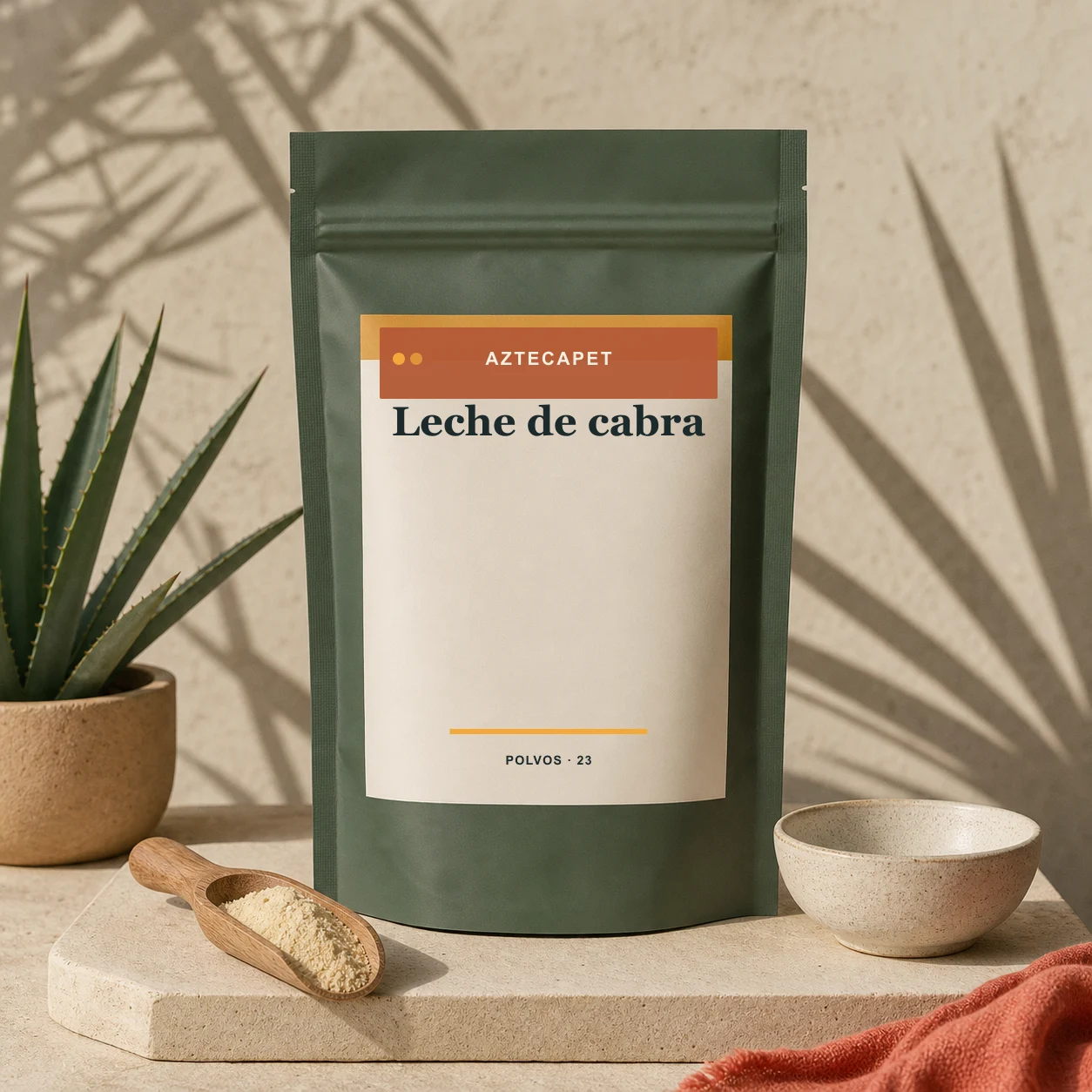 Concepto Aztecapet de leche de cabra en polvo para proyecto de marca privada