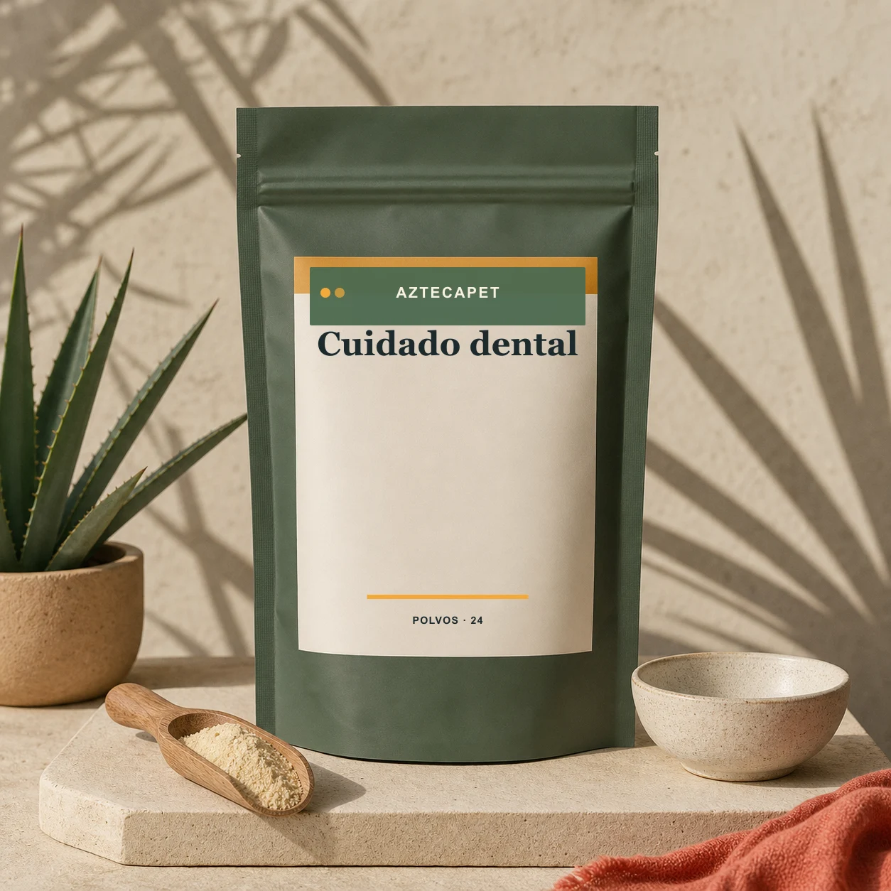 Concepto Aztecapet de cuidado dental en polvo para proyecto de marca privada