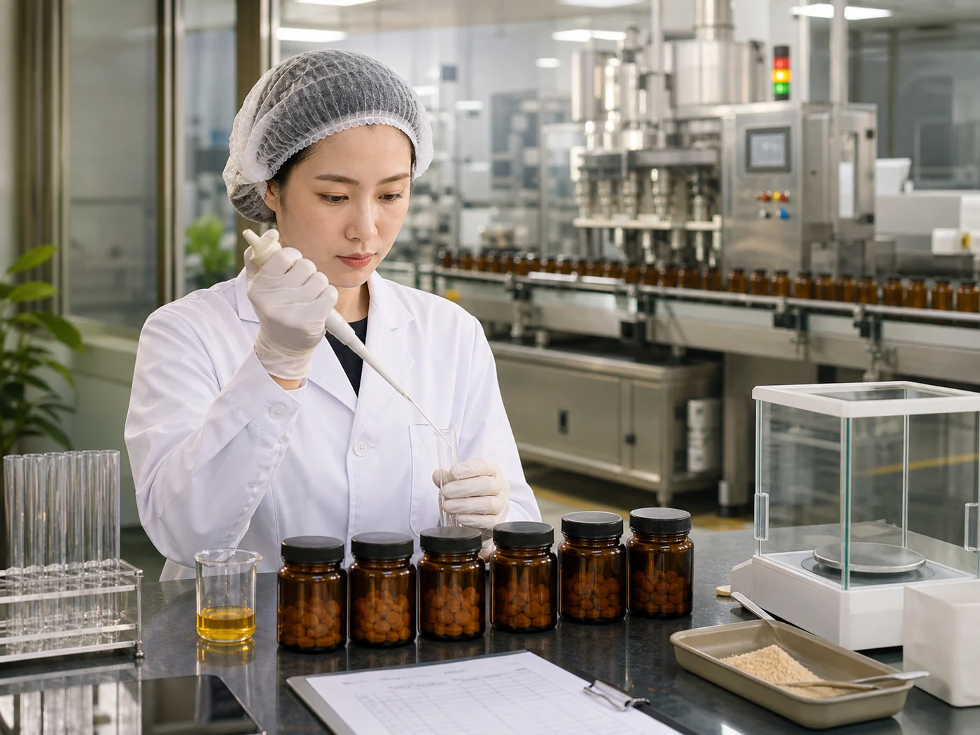 Técnica de control de calidad revisando muestras de un lote de suplementos